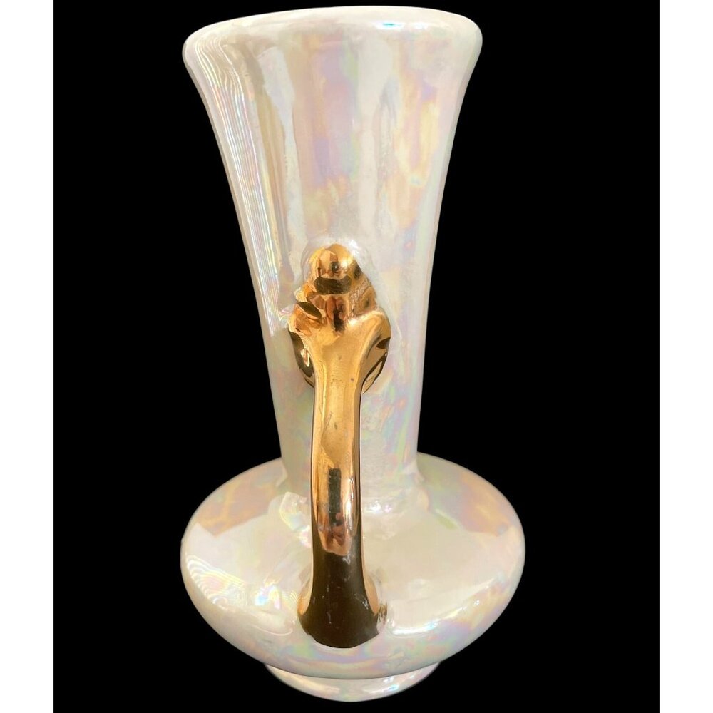 MCM Lusterware Vase Ceramic Pearl Glazed Iridescent Porcelain Gold Handles VTG - Picture 4 of 11